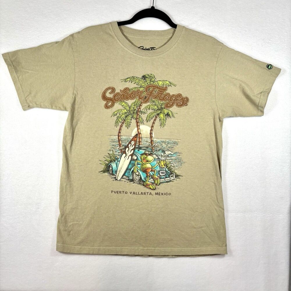 Vintage SENOR FROG’S T Shirt Beige Graphics Surfer Frog Beach Setting